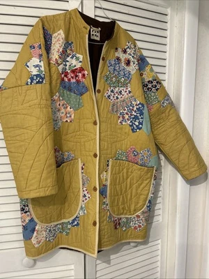 Abrigo Edredón Vintage Hecho a Mano Patchwork Plato Dresden Acolchado a Mano Multicolor L Foto 1 de 4