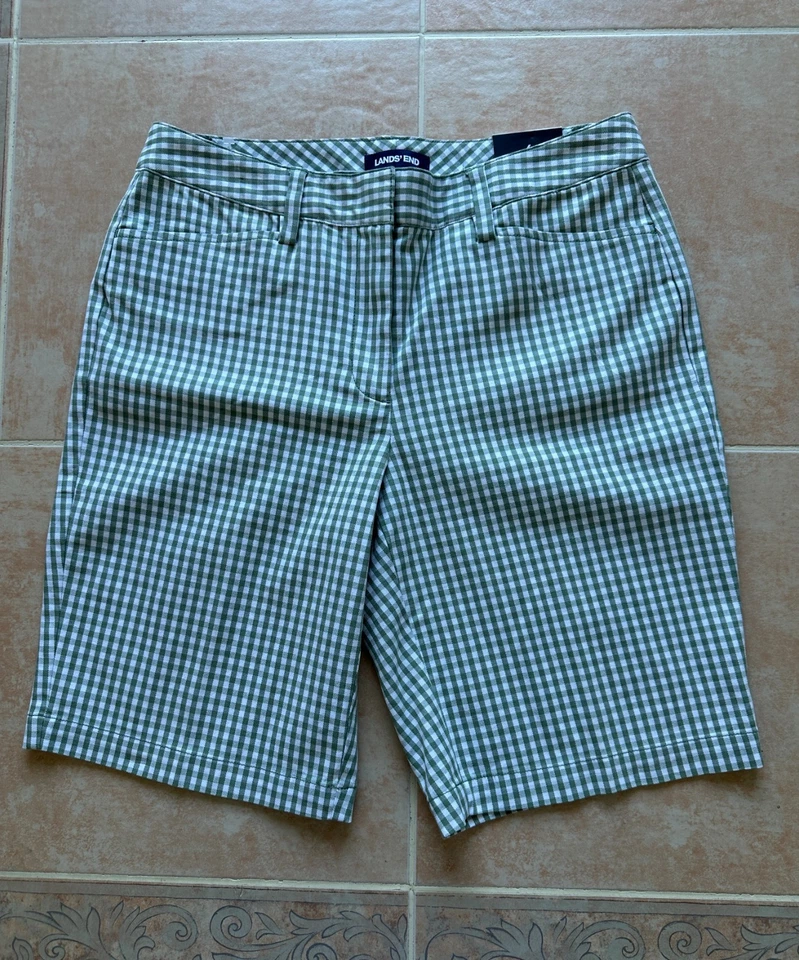 NEW-Lands' End Mujer Pantalón Corto Estampado Gingham en Verde/Blanco, Talla 6 Foto 1 de 4