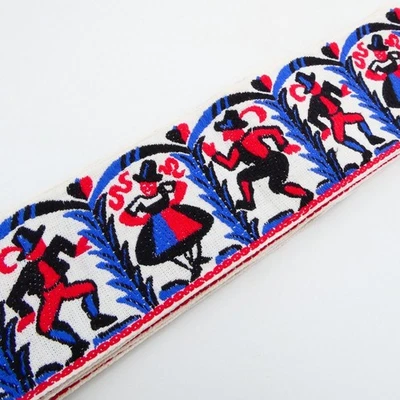 Folk Art Dancers Fabric Ribbon 3x116 Inches Red Blue White Trim Vintage - Image 1 of 4