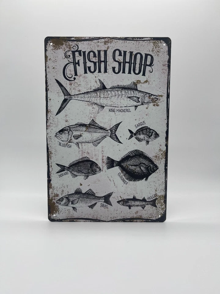 Blechschild Fish Shop 20x30cm Nostalgie Retro Vintage Reklame Deko Angeln Fisch  - Bild 1 von 1