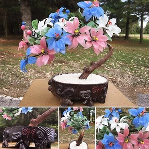 ANTIQUE CHINESE JADE BONSAI TREE COLORFUL BLOSSOMS DARK BROWN LACQUER PLANTER - Picture 1 of 12