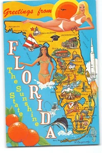 Postal Vintage Saludos desde Florida Sunshine State Bikini Mapa Años 60 Marlin - Imagen 1 de 2