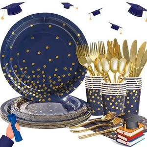 168Pcs Navy Blue Gold Party Plates Napkins Serves 24 Birthday Graduation Decor - Picture 1 of 9