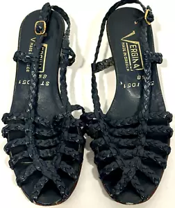 Vintage Vergina Leather Wedge Sandals Strappy Rare Navy Made in Greece Size 6.5 - Picture 1 of 7