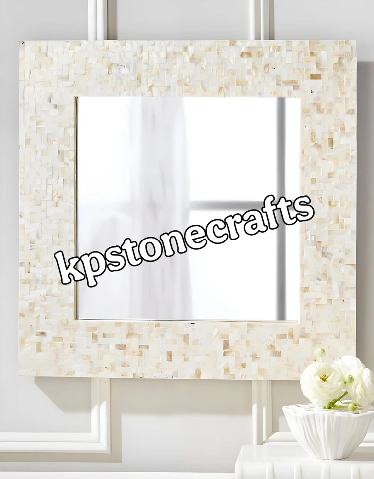 White Ocean MOP Mirror | 18" Square | Handcrafted Mother of Pearl Wall Mirror - Image 1 of 4