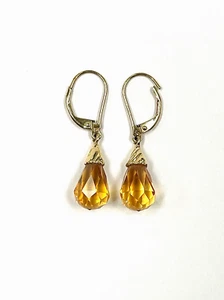 14K YELLOW GOLD PEAR TEARDROP FACETED CITRINE DANGLE DROP EARRINGS - Picture 1 of 5