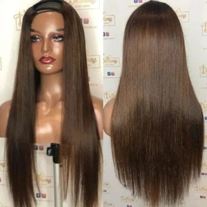 Dark Chocolate Brown Bone Straight U Part Wig Human Hair V Part Full Machine Wig - Picture 1 of 12