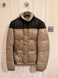 Balenciaga 2011 Beige Black Puffer Coat w/ Shearling Collar - Size 48 Medium - Picture 1 of 9