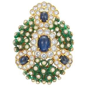 Art Deco Blue Sapphire, Emerald and Lab-Created Diamonds 935 Silver Brooch - Picture 1 of 6