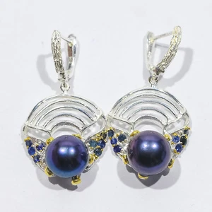 EarringsON HOLD Natural Pearl & Sapphire Multi Gold Tone Plated Sterling Silver - Picture 1 of 6