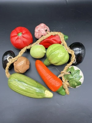 VTG 11-Piece Ceramic Fruit Vegetables on a Rope Hanging 26" Decoration Life Size - Image 1 of 3
