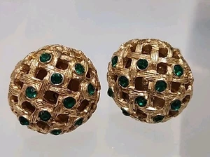 Vintage Gold Tone Latice Work Green Rhinestone Mesh Round Bulb Large Cufflinks - Picture 1 of 3