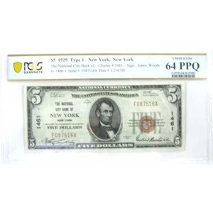1929 $5 National Banknote New York Charter 1461 F1800 64 PPQ PCGS - Picture 1 of 2