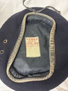 1963 Vintage Pebeo Nay French Military Beret Sz 55 Navy W/ Black Leather Band - Picture 1 of 6