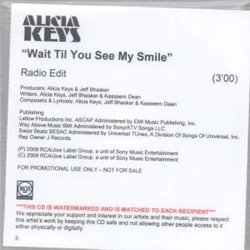 Alicia Keys Wait Til You See My Smile CDr Europa RCA 2009 Radio Edit Promo CD-R - Bild 1 von 1