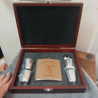 Fireball Whiskey leather flask w 4 shot glasses & funnel  - Image 1 of 4