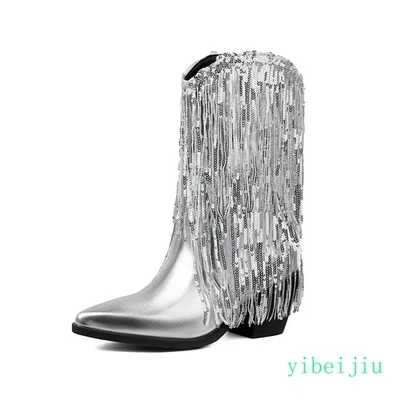 Para mujeres Borla Flecos Vaquero Occidental Medio Pantorrilla Botines Tacón Cubano Zapatos Escenario Foto 1 de 4