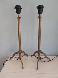 Set Of 2 Pcs Antique Brass Tripod Lamp Base -Vintage Adjustable Height Decor - Picture 1 of 6