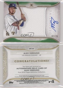 2018 Topps Definitive Collection Relic Green /25 Alex Verdugo Rookie Auto RC