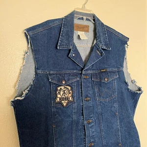 Wrangler Cutoff Jacket Mens 2XL Blue Denim Iron Indian Riders Patch Biker Vest - Picture 1 of 14
