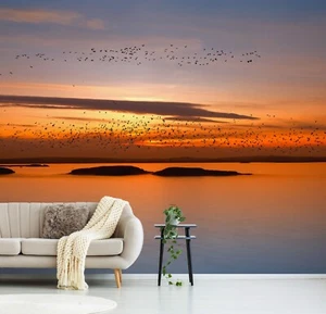 Photo Art Wall Mural-SUNSET BIRD-(6441)-NON WOVEN-Wallpaper-Orange Ocean Sky XXL - Picture 1 of 7