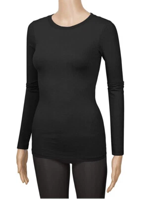 Camiseta básica de manga larga para mujer calce ajustado elástica cuello redondo algodón liso  Foto 1 de 4