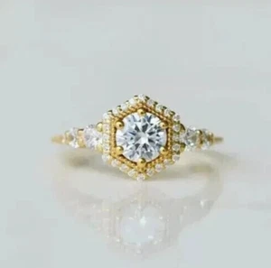 1.70 CT Round Cut Halo Diamond Engagement Wedding Ring 14k Yellow Gold Finish - Picture 1 of 9
