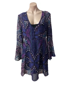 SPICYSUGAR Dress | Pink, Purple, Teal | Paisley Print | Long Bell Sleeves | 14 - Picture 1 of 10