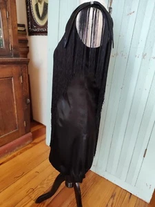 Vintage 1960's Retro 20's Style Black Rayon-Satin Fringe Dress Size 9 w/Tags - Picture 1 of 10