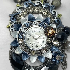 Artisan Watch Women Blue Gray Crystal Bling Beaded Stretch Band New Battery 6.5" - Picture 1 of 13