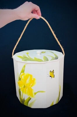Vintage 1980s yellow hand-painted wooden box lid handle butterfly garden bulb - Image 1 of 4