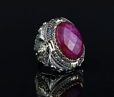 925 Silver Natural Ruby Stone Leon Head Animal Signet Ring - Image 1 of 4