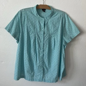 Basic Editions Women's 3X Button Up Eyelet Blouse 100% Cotton Short Sleeve Blue - Picture 1 of 9