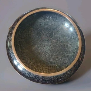 Antique CHINESE CLOISONNE DRAGON Round Low Vase Bowl Carved Wood Stand 8" - Picture 1 of 12