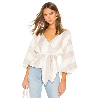 Blusa Mara Hoffman Libby Top Envolvente Mezcla de Lino Plisada Manga Abullonada Talla Pequeña Foto 1 de 4