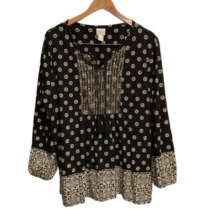 Chico's Boho Sequin Blouse size 3 Floral Print White/Black Long Sleeve - Picture 1 of 10