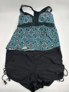 MERONA Women's 18W Tankini Halter With Bra Turq Catalina 2X Swim Shorts Black - Picture 1 of 20