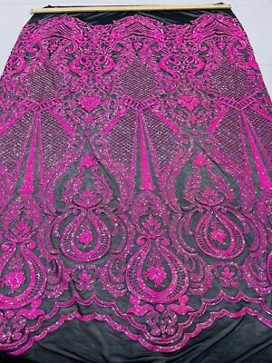NEON PINK PRINCESS DESIGN WITH SEQUINS ON A BLACK 4 WAY STRETCH MESH-1YARD - Image 1 of 4