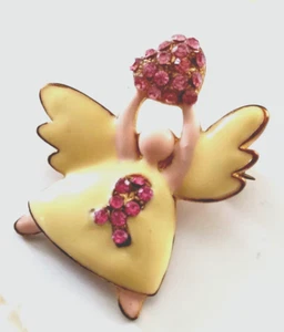 Breast Cancer ANGEL HOLDING HEART  Enameled Gold PIN/Pendant w PINK crystals NEW - Picture 1 of 11