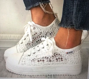 Women's Fashion White Lace Crochet Mesh Chunky Sneakers Sz 7/38 - Picture 1 of 21
