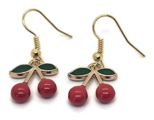 CHERRIES Wire Drop Earrings with gold Hooks Clothing Accessory - Picture 1 of 2