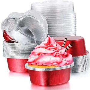 Aluminum Foil Cake Pan Heart Shaped Cupcake Cup with Lids 100 ml/ 3.4 Ounces ... - Picture 1 of 6