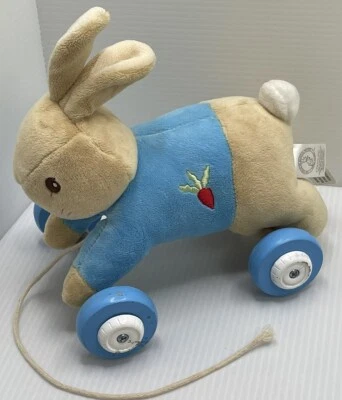 Beatrix Potter Peter Rabbit Plush Stuffed Bunny Pull Toy On Wheels 6" - Image 1 of 4