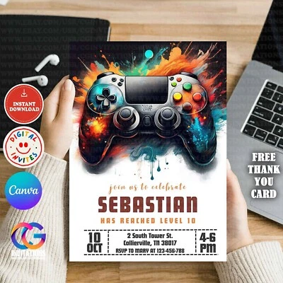 Editable Video Gamer Party Invitation, Gamer Level Up Game On Party Template - Image 1 of 4