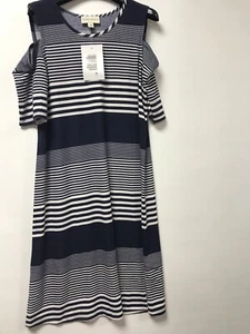 Ronni Nicole Cold Shoulder Stretchy Stripe A-Line Dress Navy Blue Size M Bnwt - Picture 1 of 4