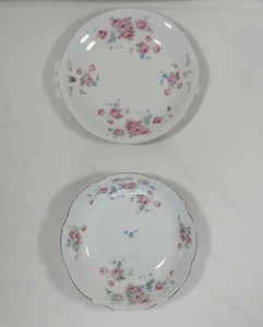 Vintage Germany Roman V Henkel Kuchenteller und Servierschale blaue Blumen rosa Rosen - Bild 1 von 12