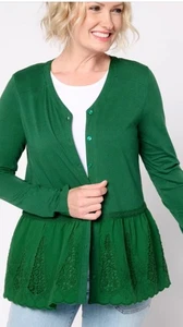 Cárdigan verde bordado encaje talla S de gran tamaño con logotipo de Lori Goldstein Lagenlook - Imagen 1 de 7