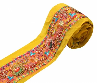Sushila Vintage Yellow Saree Border Indian Craft Sewing Trim Hand Beaded  Ribbon - Image 1 of 4