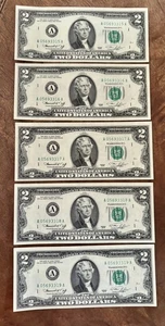 Uncirculated Two Dollar Bill Sequenial Low Number A 1976 DC Series Lot of Five - Picture 1 of 12