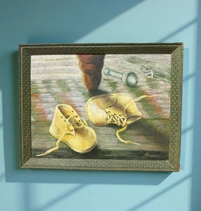 Zapatos de bebé vintage pintura al óleo - bodegón original firmado J Harris 14x11 - Imagen 1 de 11
